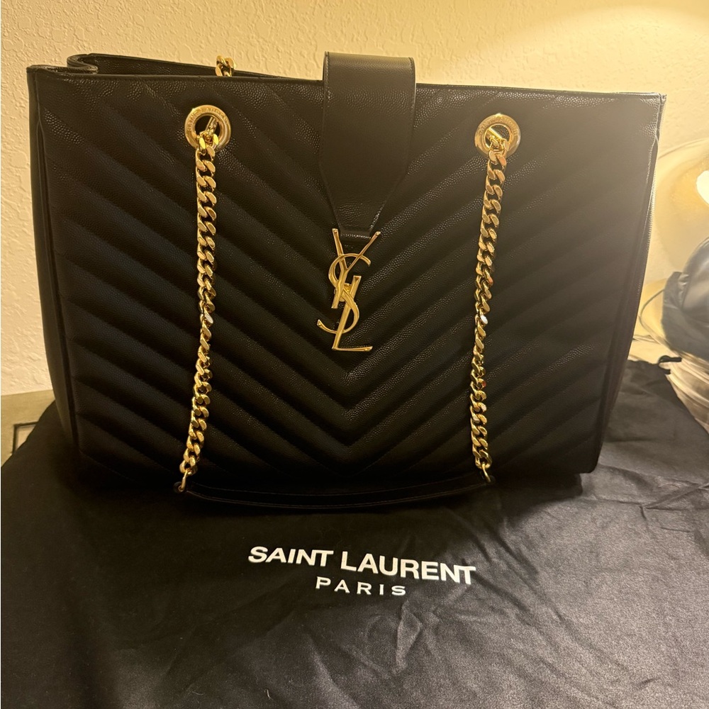 Saint Laurent Black Chevron Tote with Gold Accents